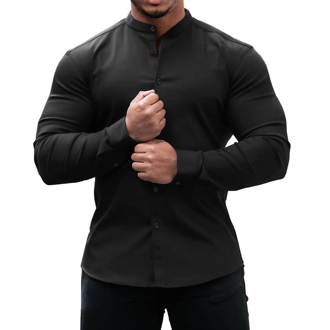 Men's Solid Color Stand Collar Slim Fit Stretch Long Sleeve Shirt