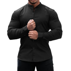 Men's Solid Color Stand Collar Slim Fit Stretch Long Sleeve Shirt