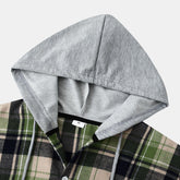 Men's Long Sleeve Flannel Brushed Check Hooded Casual Shirt Green Khaki