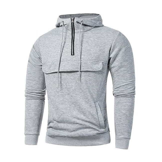 Men's Half Zip Pocket Solid Color Casual Sports Drawstring Hoodie