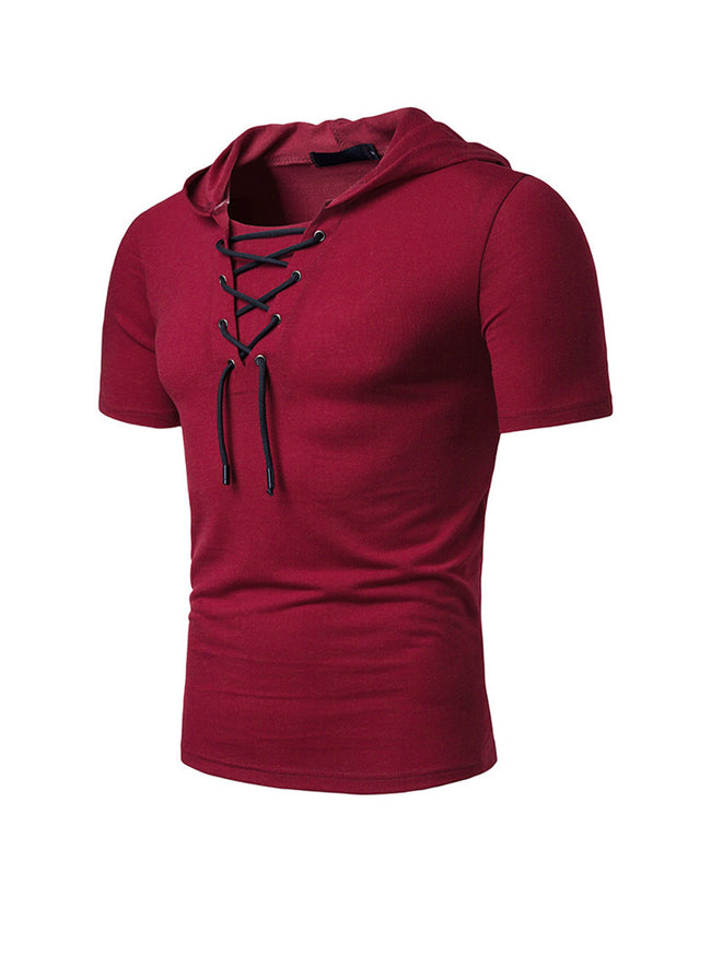 Men's Lace-up Short Sleeve Hooded T-shirt
