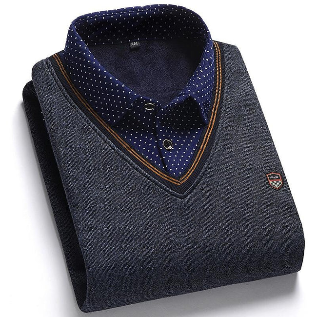Men's Fleece Patchwork Fake Two Piece Knit Sweater
