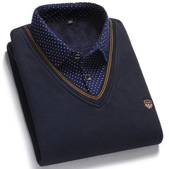 Men's Fleece Patchwork Fake Two Piece Knit Sweater