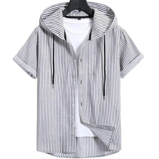 Men's Casual Hooded Striped Print Short-sleeved Shirt
