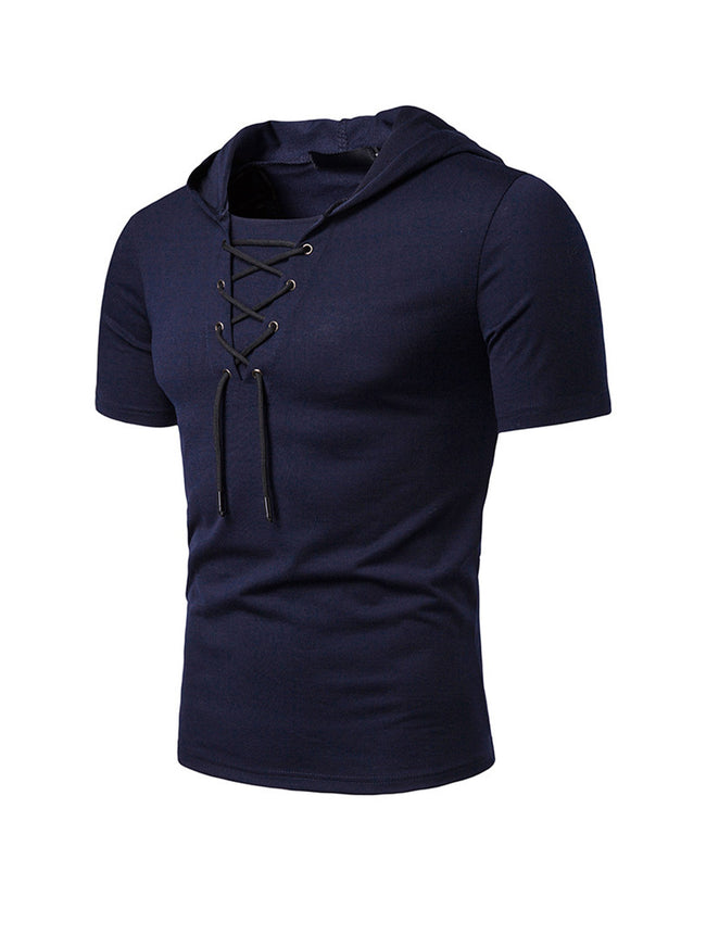 Men's Lace-up Short Sleeve Hooded T-shirt