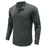 Men's Henley Collar Cotton Linen Long Sleeve Shirt