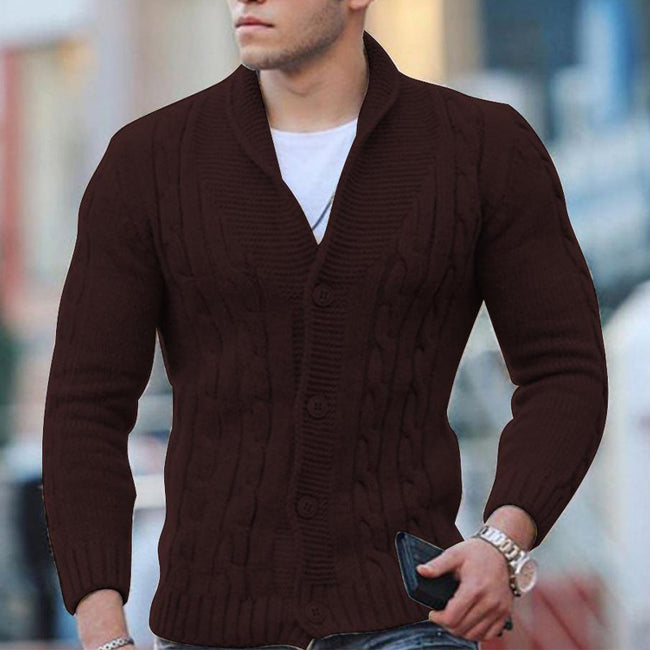 Men's Solid Color Cable Shawl-lapels Button Knit Cardigan