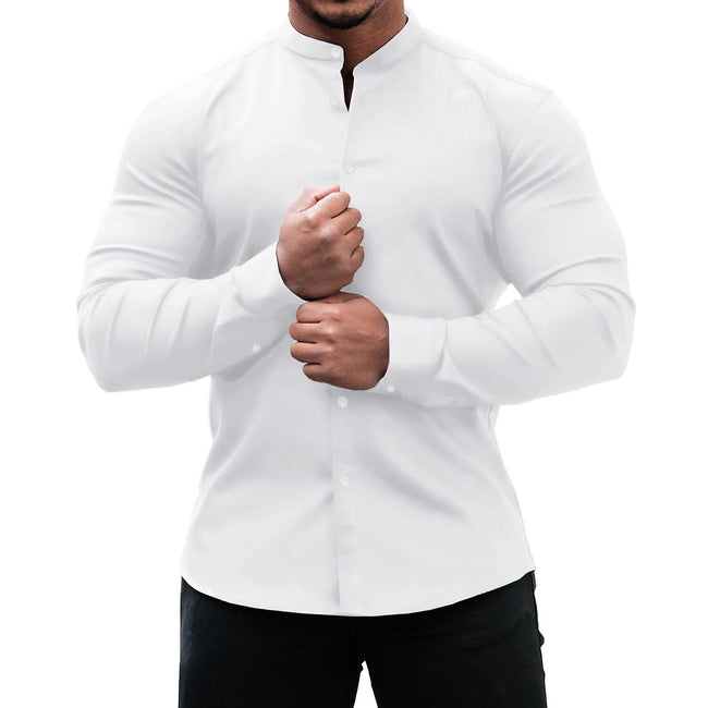 Men's Solid Color Stand Collar Slim Fit Stretch Long Sleeve Shirt