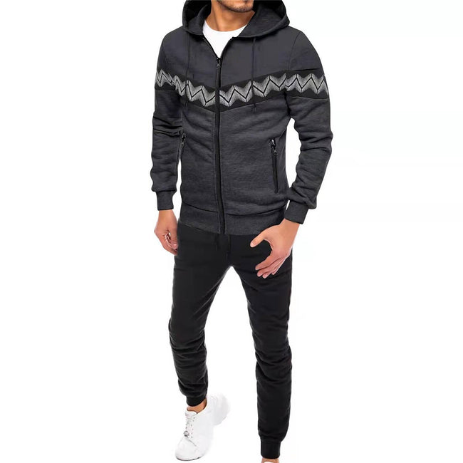 Men's Hooded Drawstring Pocket Zip Partial Print Detail Sweatshirt And Two-piece Set