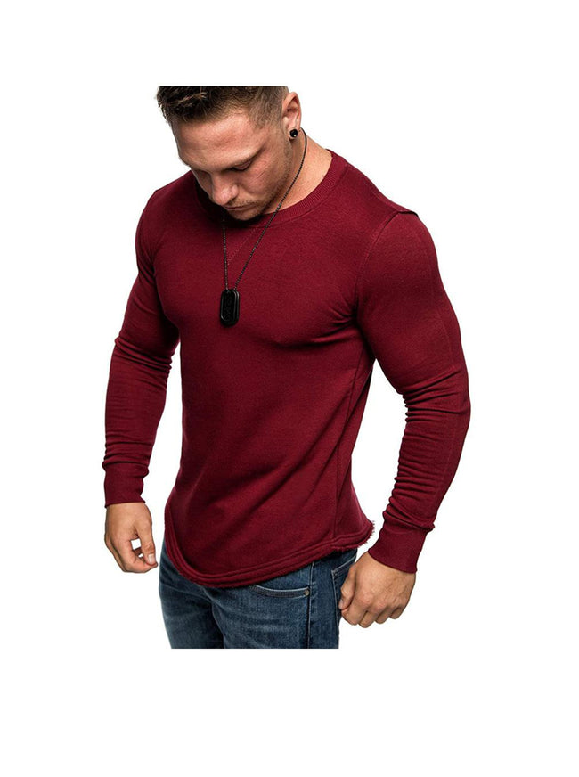 Men's Solid Color Crew Neck Patchwork Long Sleeve T-Shirt