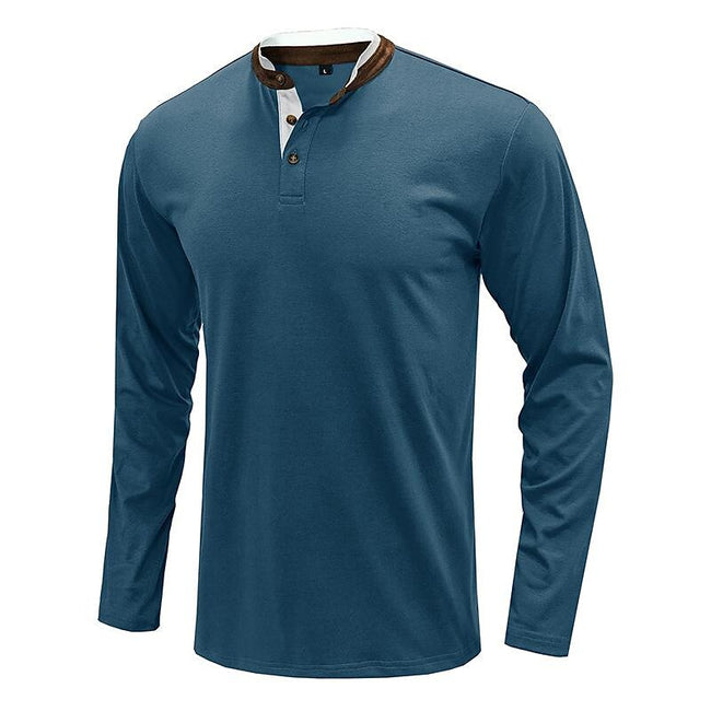 Men's Henley Solid Color Patchwork Long Sleeve T-Shirt
