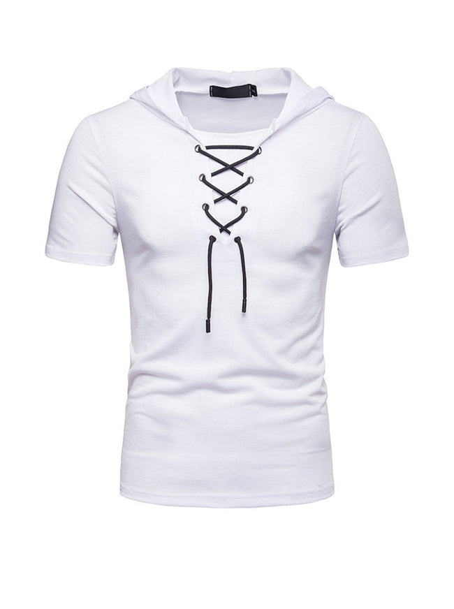 Men's Lace-up Short Sleeve Hooded T-shirt