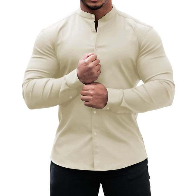 Men's Solid Color Stand Collar Slim Fit Stretch Long Sleeve Shirt