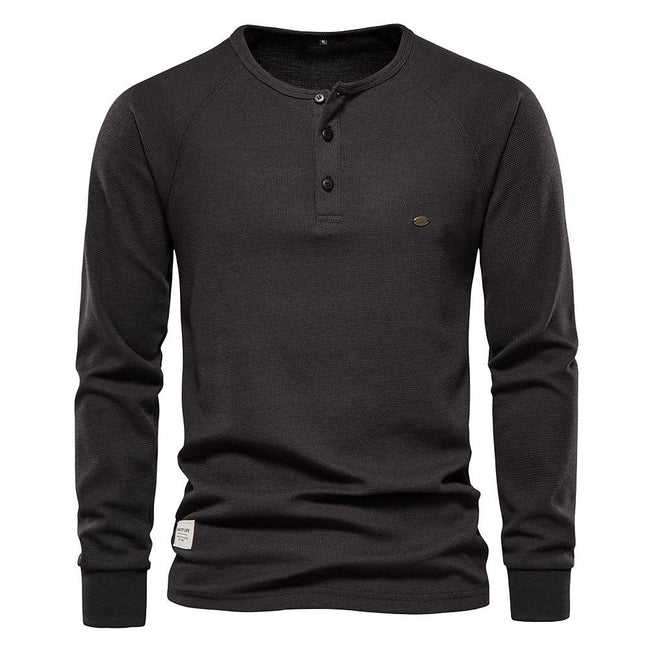 Men's Solid Waffle Raglan Sleeve Henley Collar T-Shirt