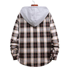 Men's Long Sleeve Flannel Brushed Check Hooded Casual Shirt Blue Brown