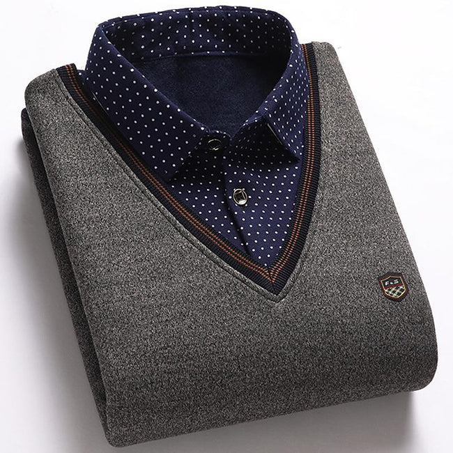 Men's Fleece Patchwork Fake Two Piece Knit Sweater