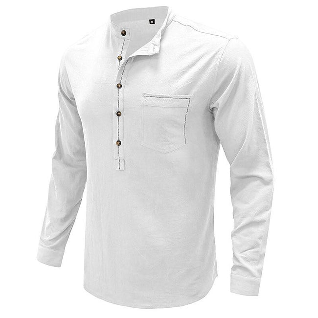 Men's Henley Collar Cotton Linen Long Sleeve Shirt