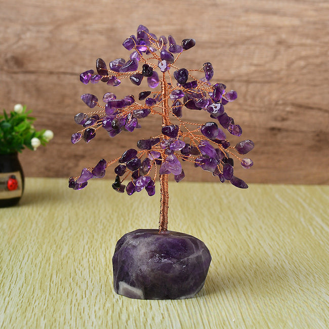 Crystal Fortune Tree with Natural Stone Base and Leaves