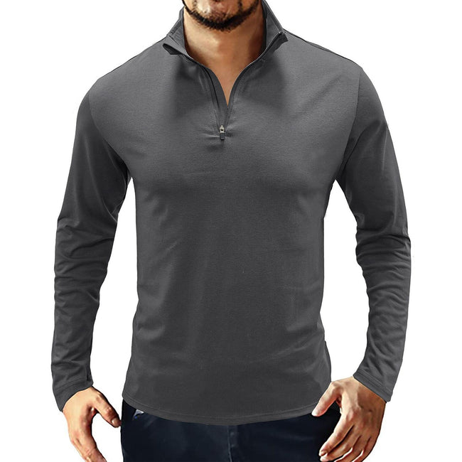 Men's Stand Collar Zip Solid Color Long Sleeve T-Shirt