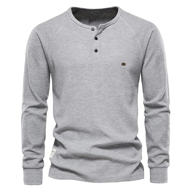 Men's Solid Waffle Raglan Sleeve Henley Collar T-Shirt