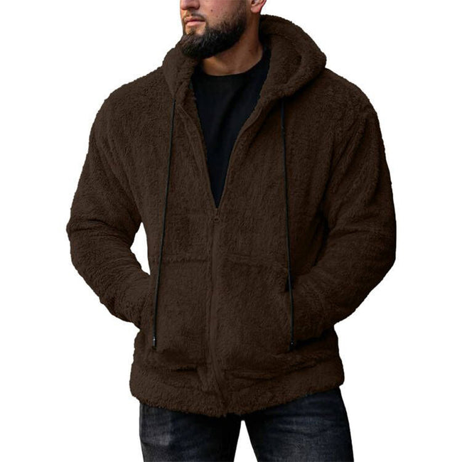 Men's Solid Color Fleece Zip-Up Drawstring Hoodie Sweatshirt