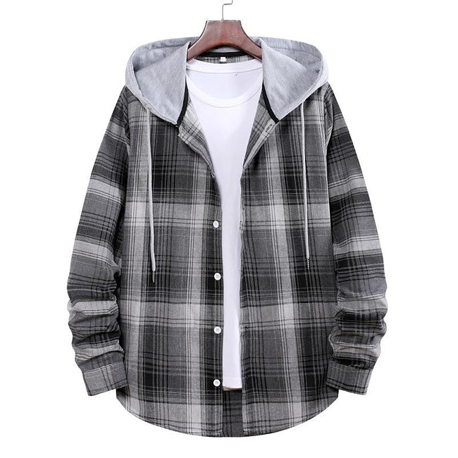 Men's Long Sleeve Check Hooded Casual Shirt Yellow Navy Blue Gray