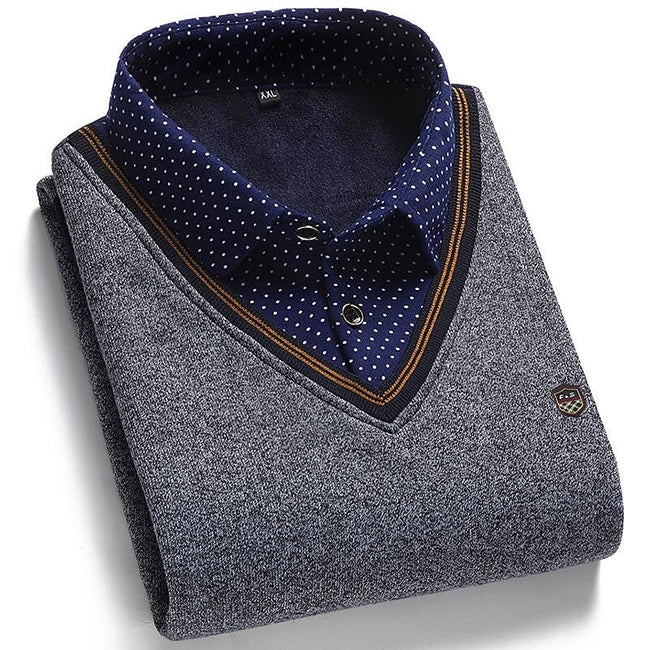 Men's Fleece Patchwork Fake Two Piece Knit Sweater