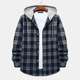 Men's Long Sleeve Flannel Brushed Check Hooded Casual Shirt Red Blue