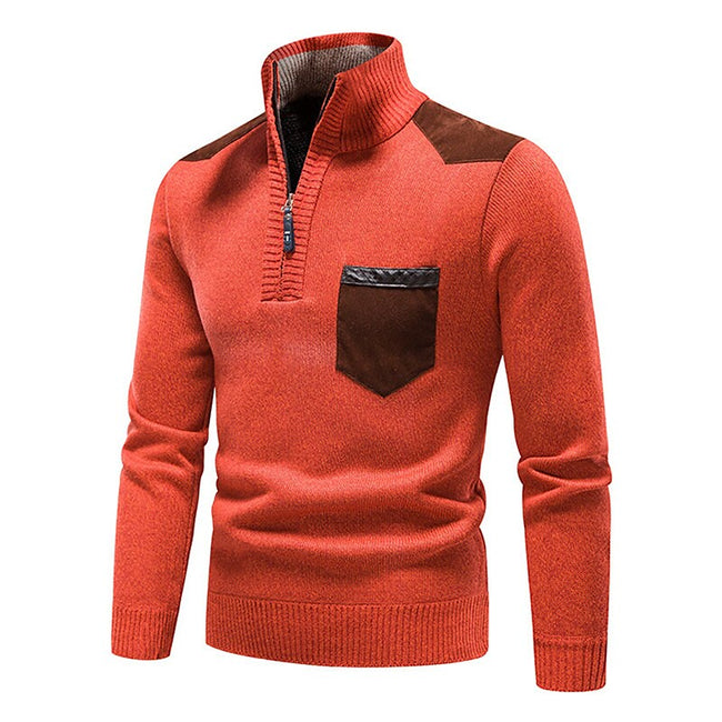 Men's Stand Collar Color Block Half Zip Fleece Pullover Sweater