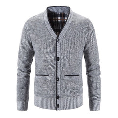 Men's Knitted V-Neck Button Down Cardigan Sweater With Flannel Lining And Pockets