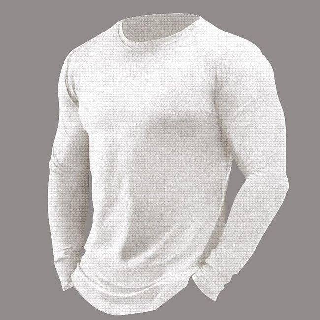 Men's Waffle Solid Color Crew Neck Casual Long Sleeve T-shirt
