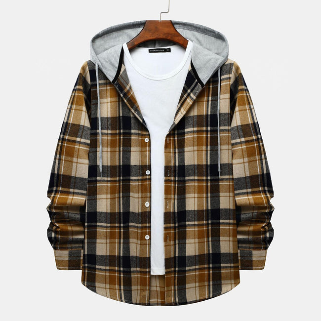 Men's Long Sleeve Flannel Brushed Check Hooded Casual Shirt Green Khaki