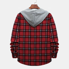 Men's Long Sleeve Flannel Brushed Check Hooded Casual Shirt Red Blue