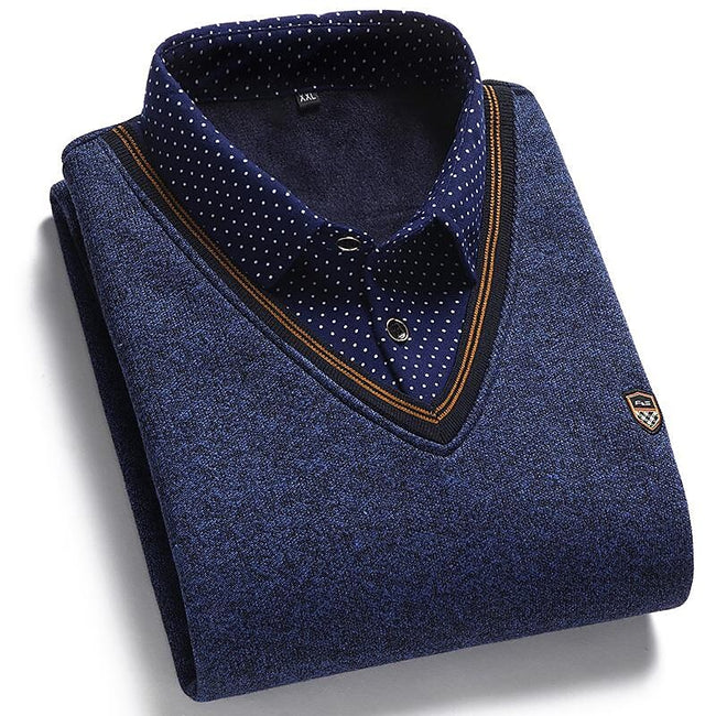 Men's Fleece Patchwork Fake Two Piece Knit Sweater