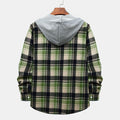 Men's Long Sleeve Flannel Brushed Check Hooded Casual Shirt Green Khaki