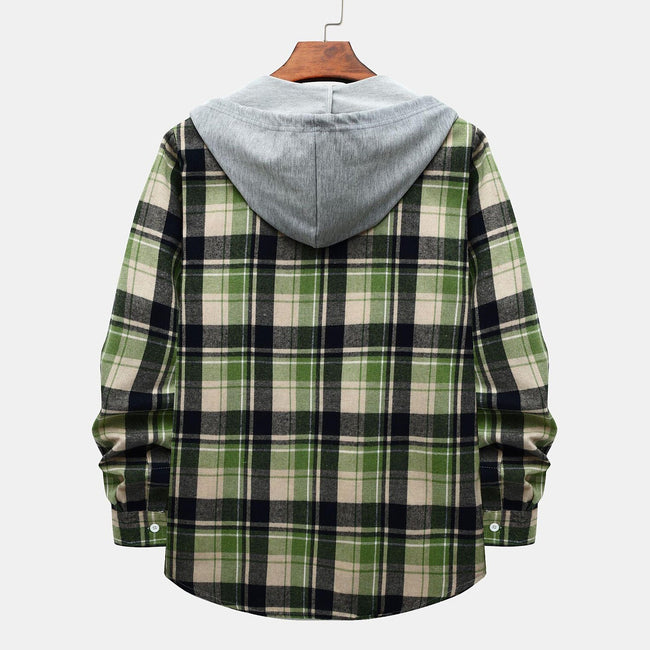 Men's Long Sleeve Flannel Brushed Check Hooded Casual Shirt Green Khaki
