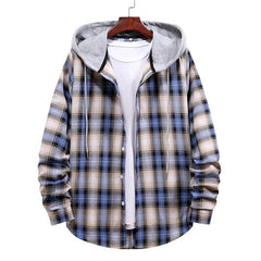 Men's Long Sleeve Flannel Brushed Check Hooded Casual Shirt Blue Brown