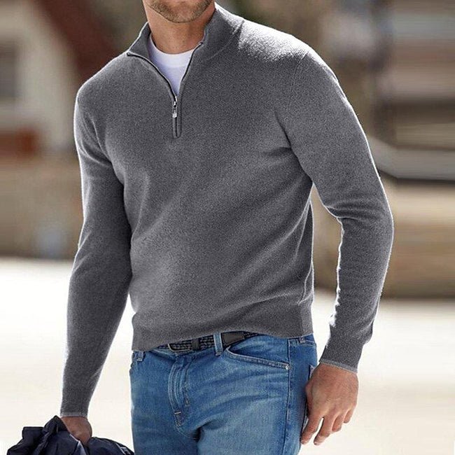 Men's Pullover Knit Solid Color Stand Collar Half Zipper Sweater