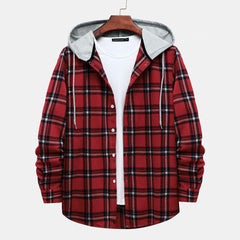 Men's Long Sleeve Flannel Brushed Check Hooded Casual Shirt Red Blue