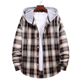 Men's Long Sleeve Flannel Brushed Check Hooded Casual Shirt Blue Brown