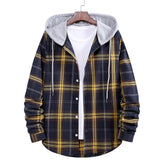 Men's Long Sleeve Check Hooded Casual Shirt Yellow Navy Blue Gray