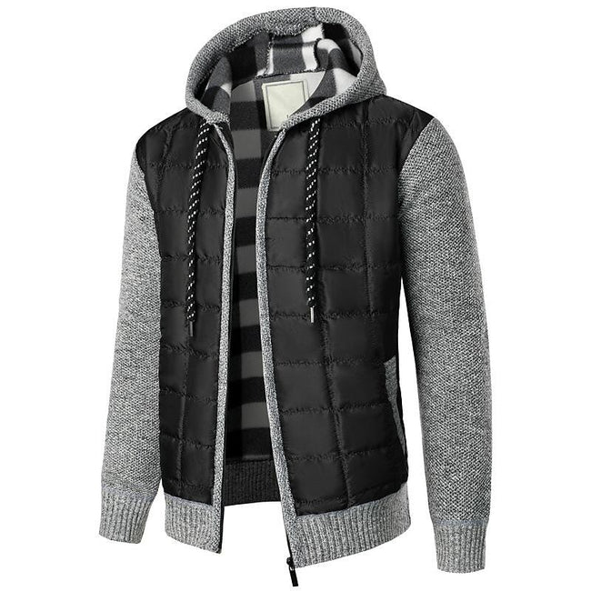 Men's Fleece Padded Patchwork Zipper Hooded Cardigan