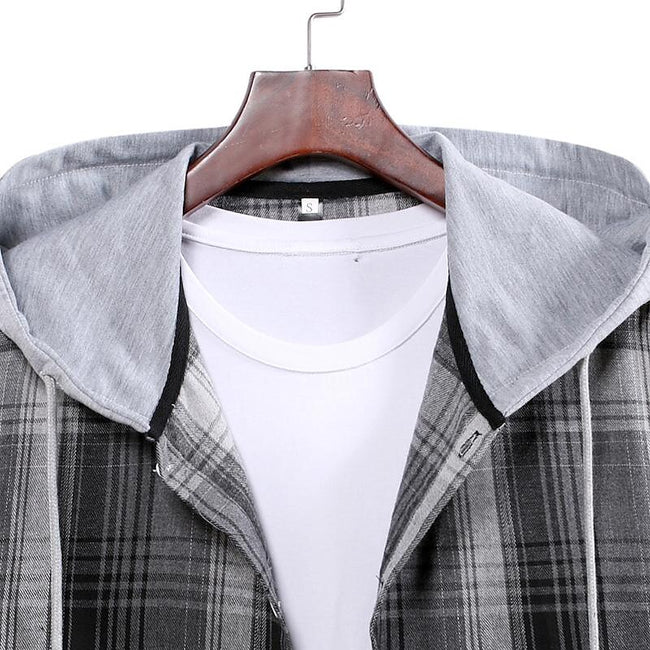 Men's Long Sleeve Check Hooded Casual Shirt Yellow Navy Blue Gray