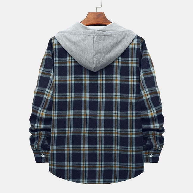 Men's Long Sleeve Flannel Brushed Check Hooded Casual Shirt Red Blue