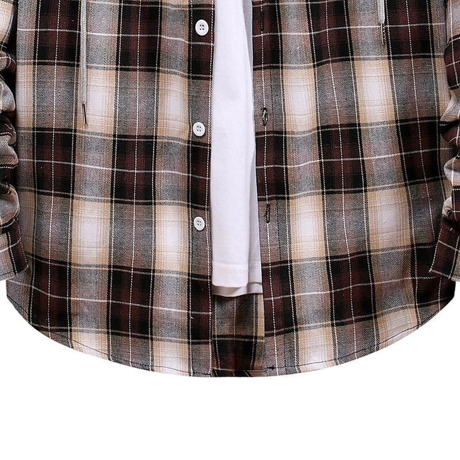 Men's Long Sleeve Flannel Brushed Check Hooded Casual Shirt Blue Brown