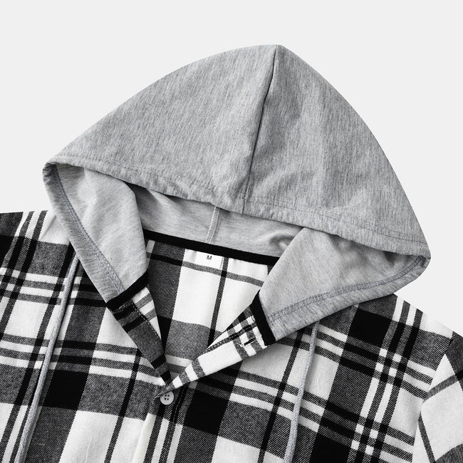 Men's Long Sleeve Flannel Brushed Check Hooded Casual Shirt