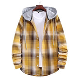 Men's Long Sleeve Check Hooded Casual Shirt Yellow Navy Blue Gray