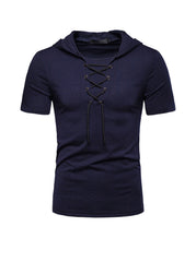 Men's Lace-up Short Sleeve Hooded T-shirt