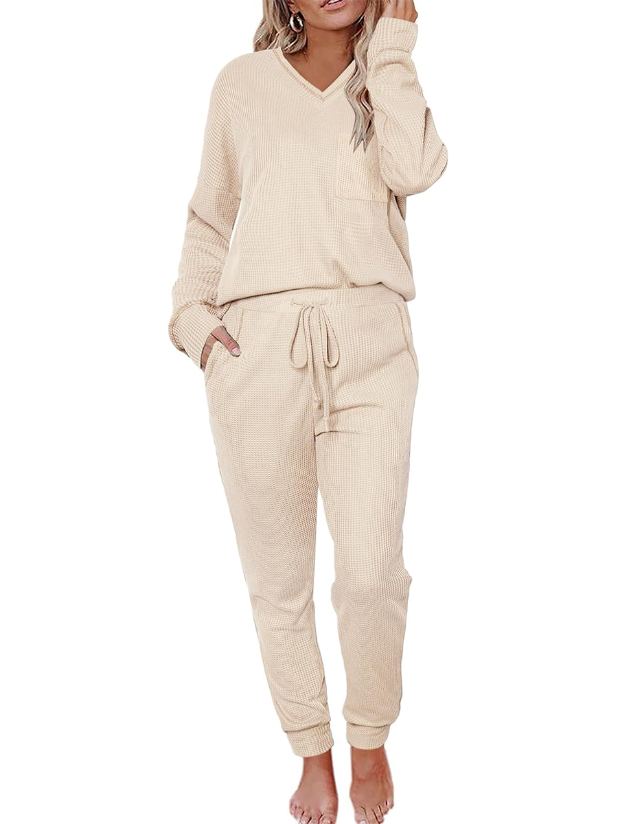Women's V Neck Waffle Knit Two Piece Lounge Sets (Buy 2 Free Shipping)