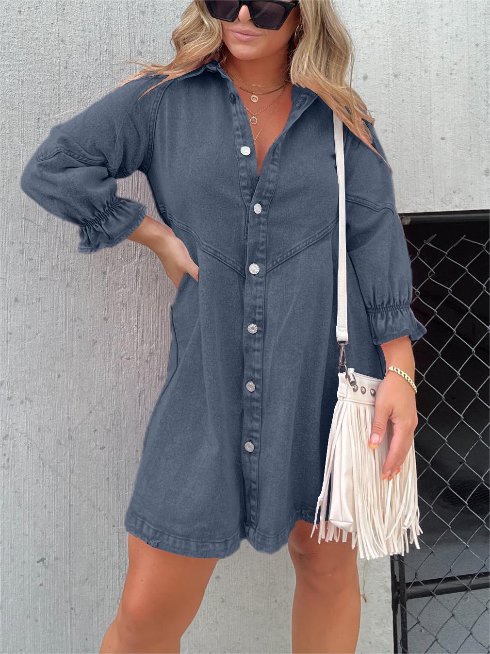Women's Washed Denim Puff Sleeve Dress (Buy 2 Free Shipping)